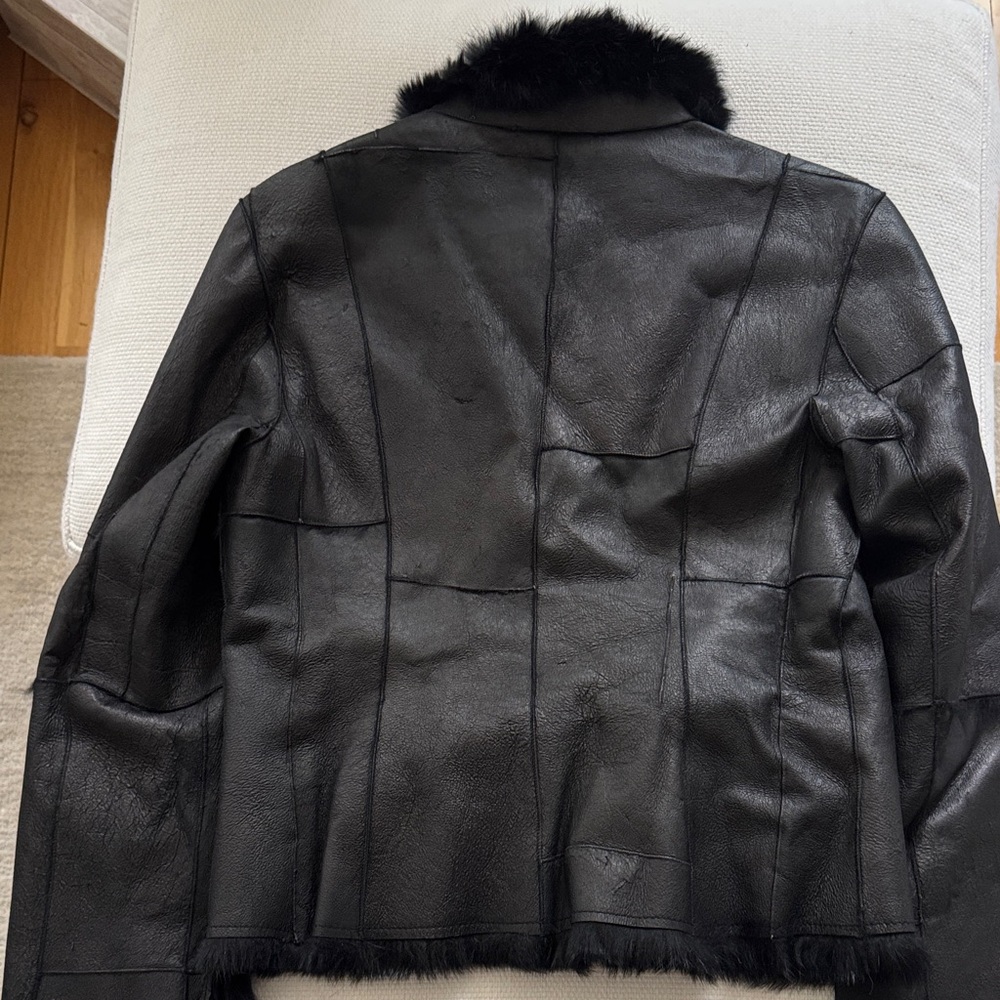 Guess Black Leather Jacket with Rabbit Fur Lining — Size M - Picture 6 of 11